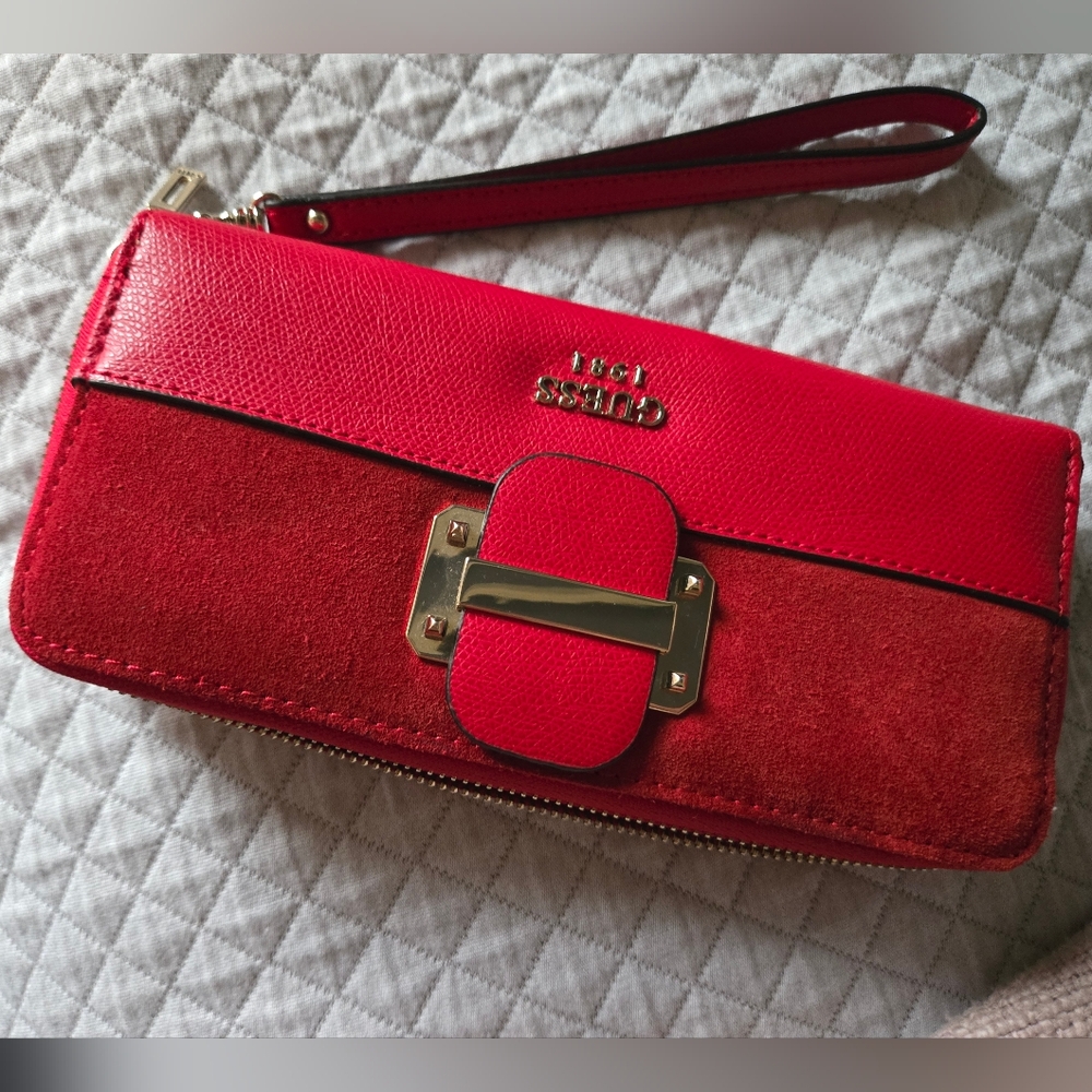 Guess Bold Red Clutch with Gold Accents. New. No Tags When Purchased